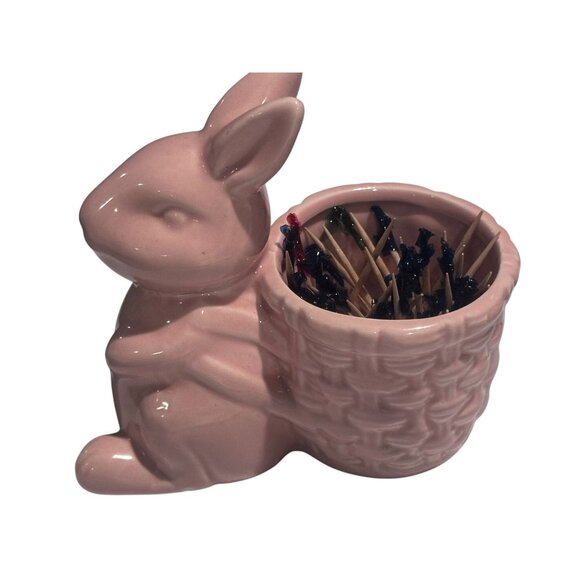 Pink Rabbit Egg Basket Tooth Pick Holder Pin Cushion CeramicFigurine Easter 5” - Picture 3 of 6